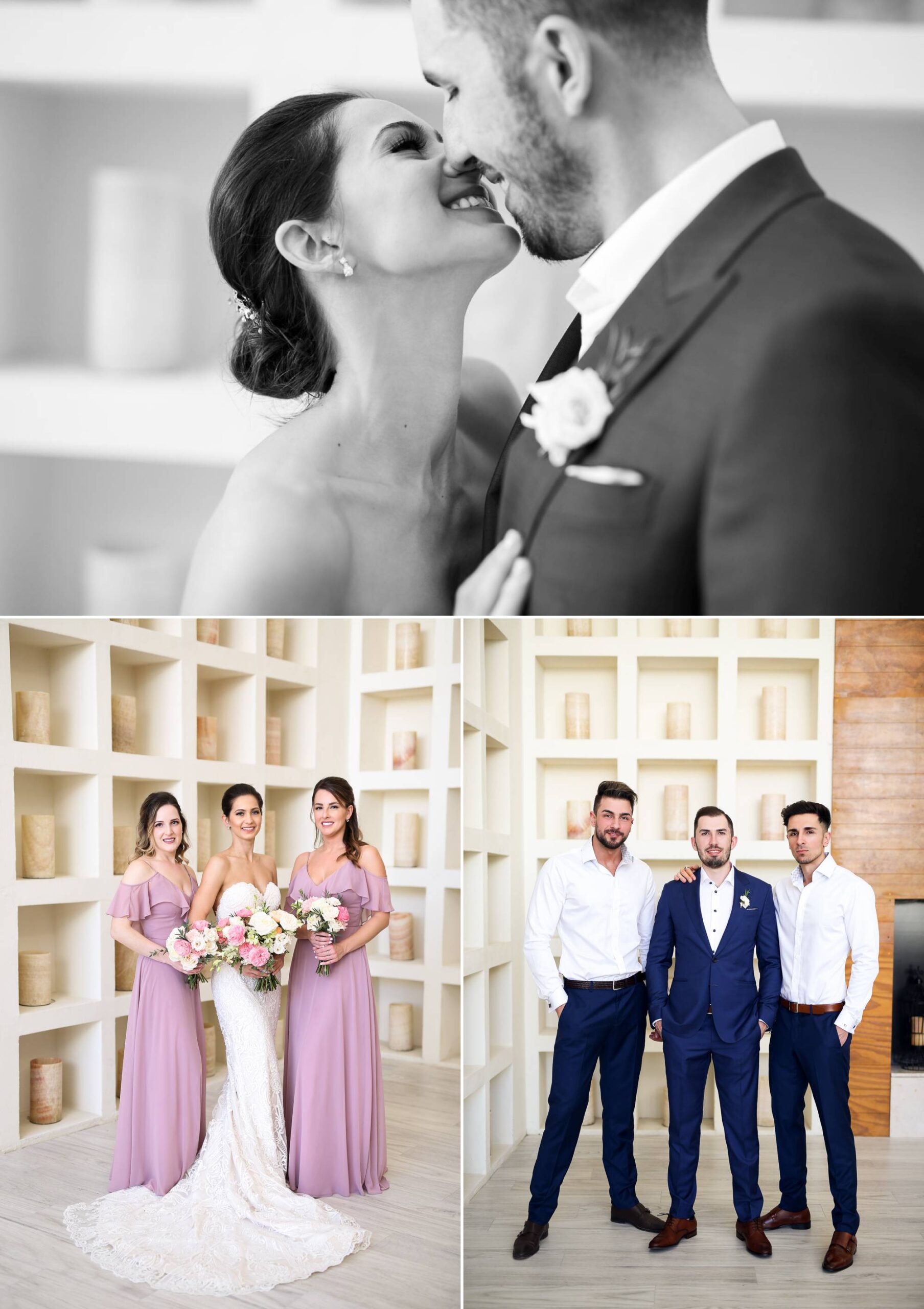 Couple smiles and kiss, Wedding party, Bridesmaids and groomsmen