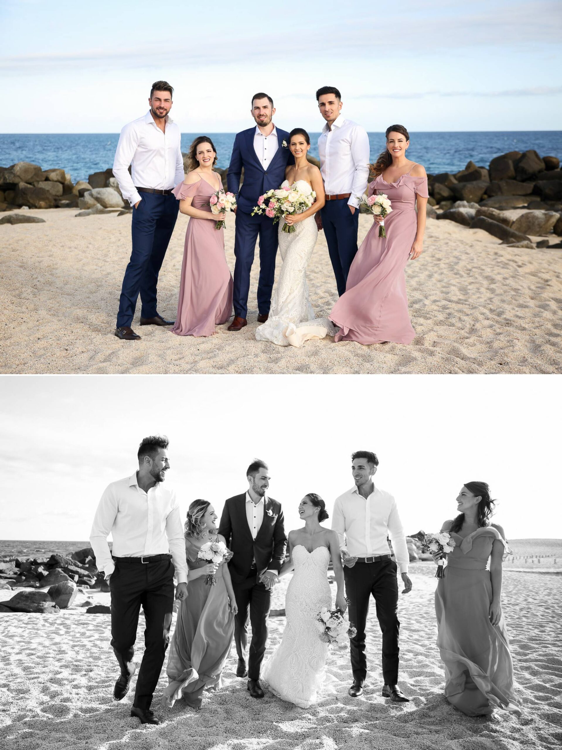 bridal party portrait and candid walking on beach