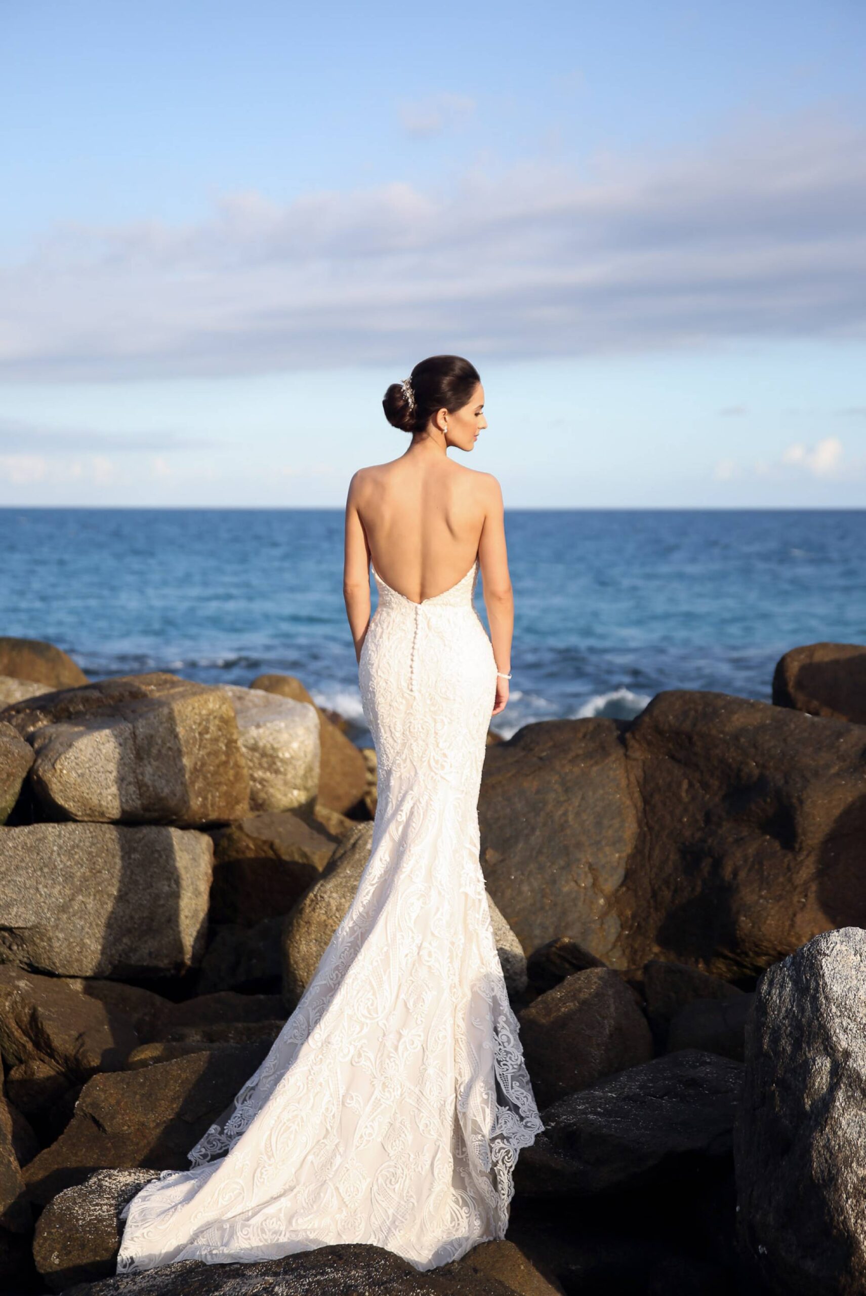 Bride back of lace sheath form fitting dress on rocks in front of Ocean