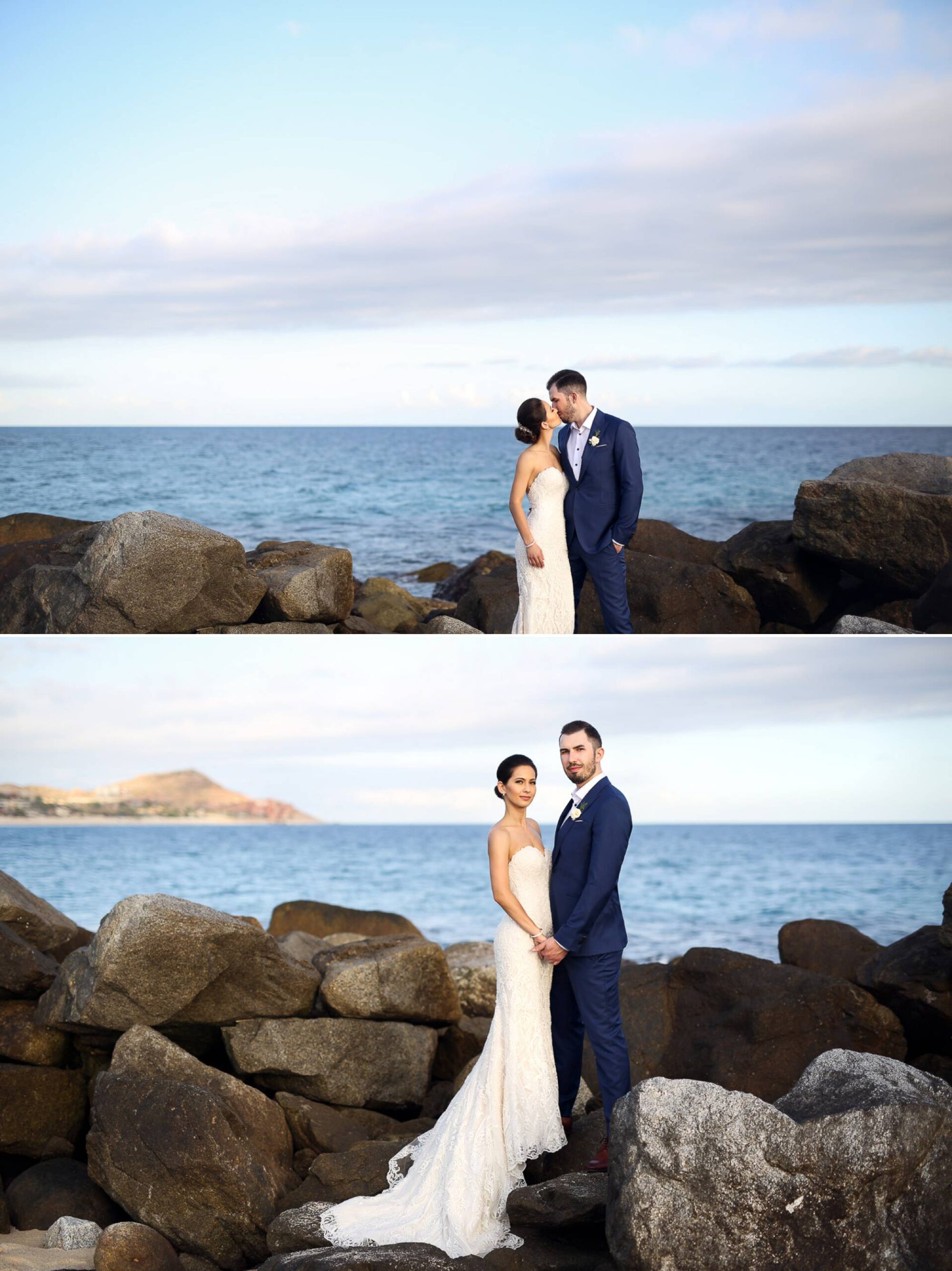 Wedding couple pose and kiss on rocks in front of ocean