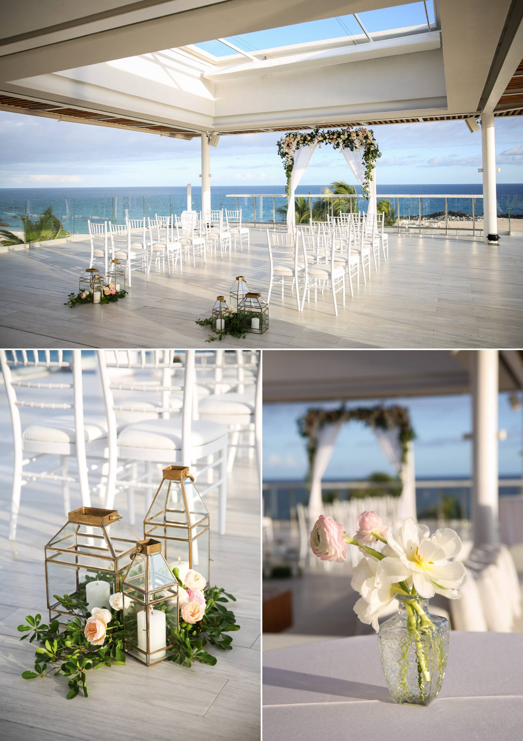 Wedding ceremony on balcony, decor with floral arch, white chairs and gold candle holders