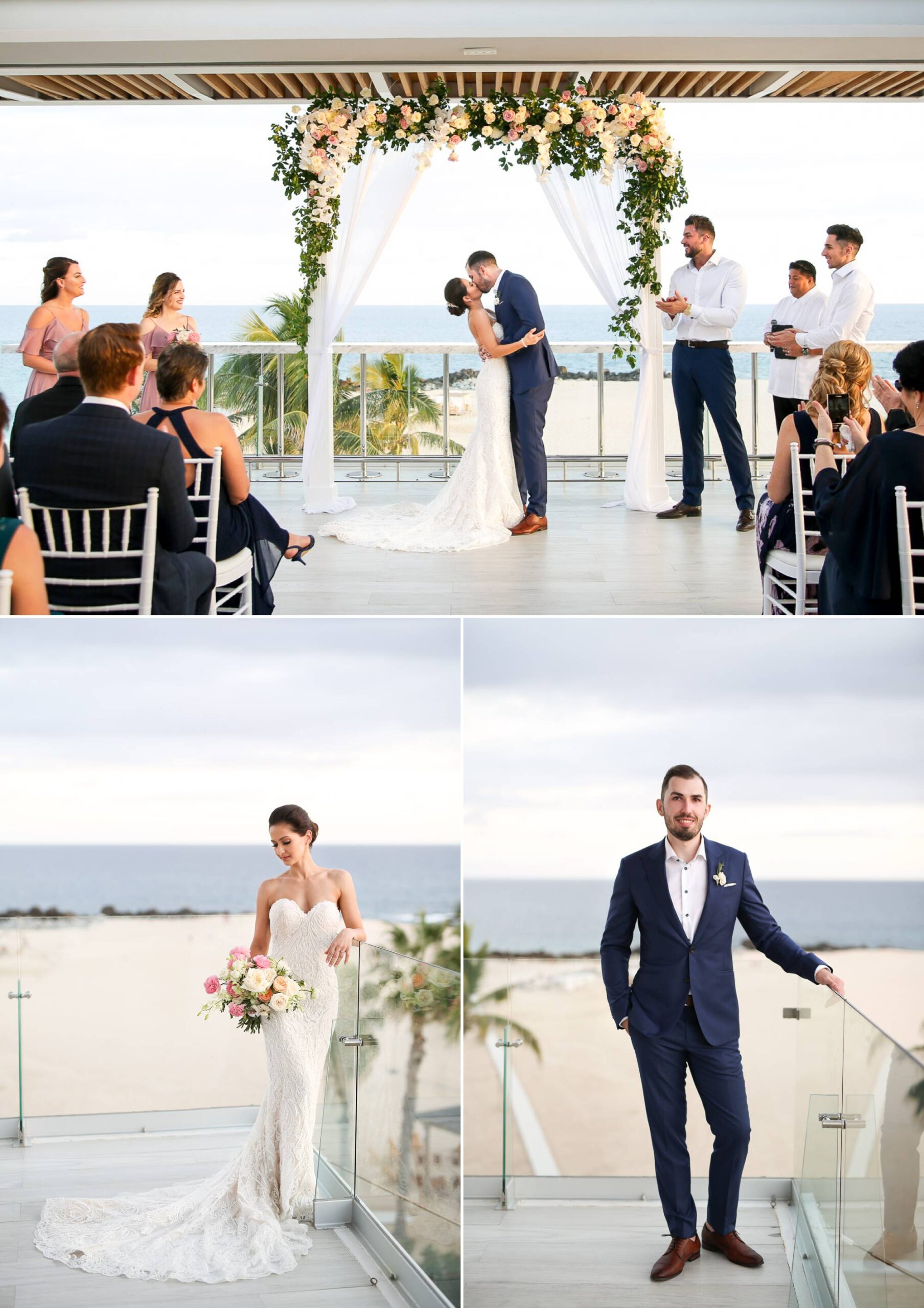 Wedding first kiss ceremony overlooking the ocean in Mexico