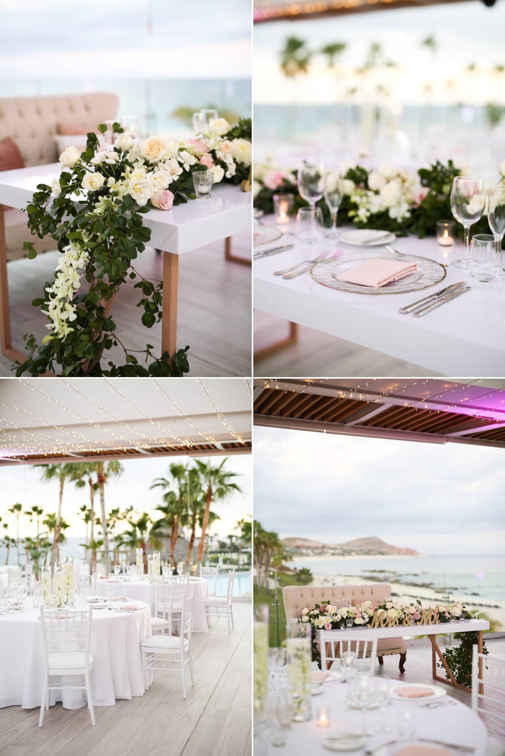 Reception decorations, Table decor with flowers and greenery, twinkle lights on ceiling, head sweetheart table and view of the ocean behind