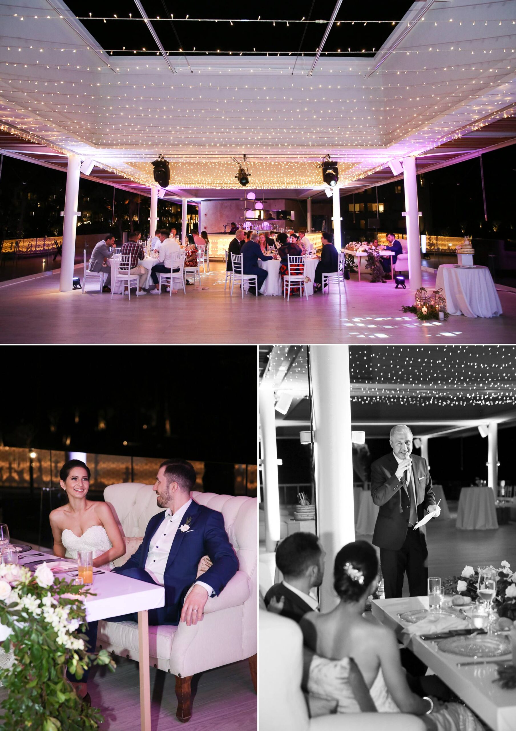 Reception candids at night time, black and white speeches