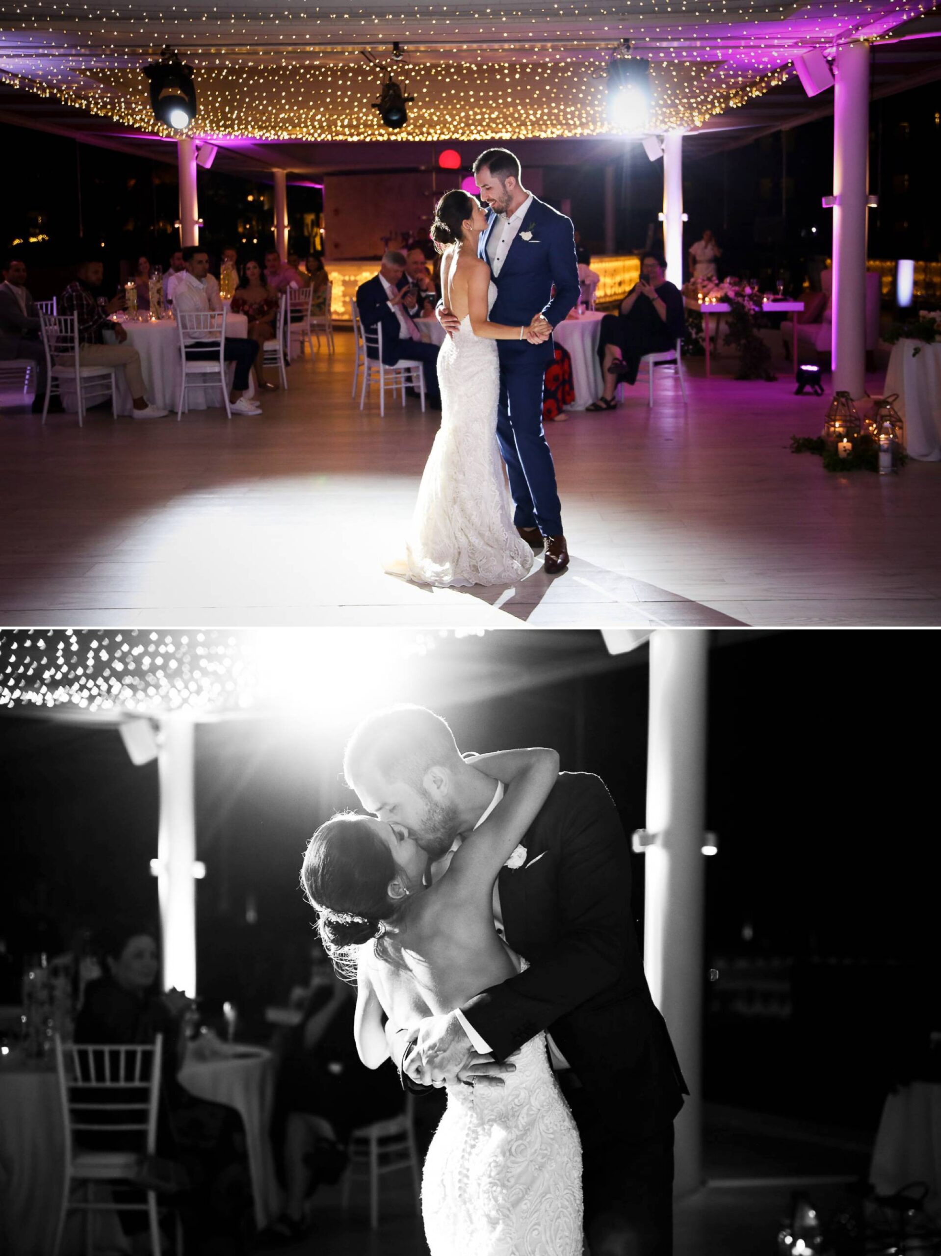 Bride and groom first dance, black and white kiss closeup during dance