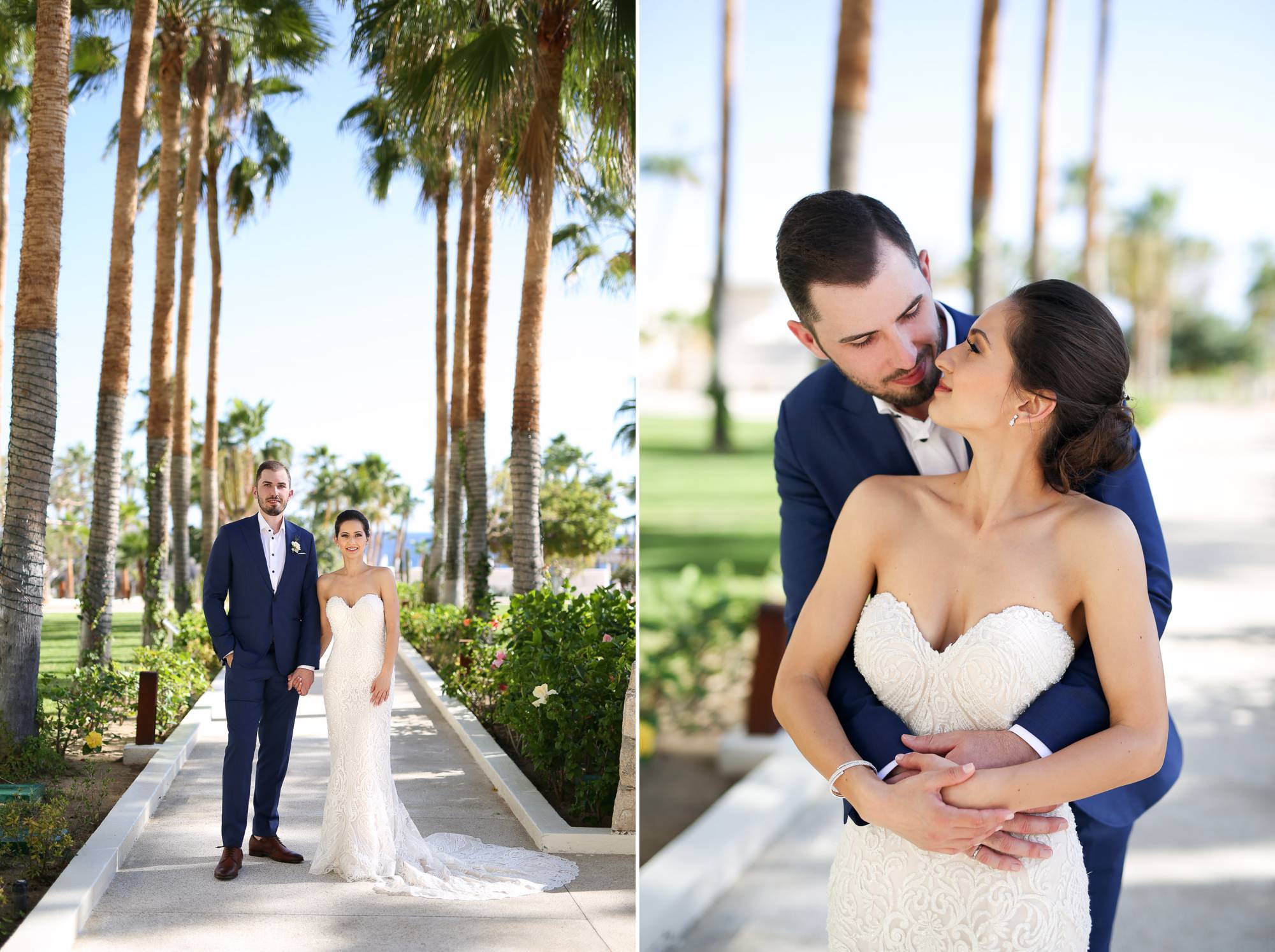 Bride in Mori Lee sheath lace dress and groom in blue suit