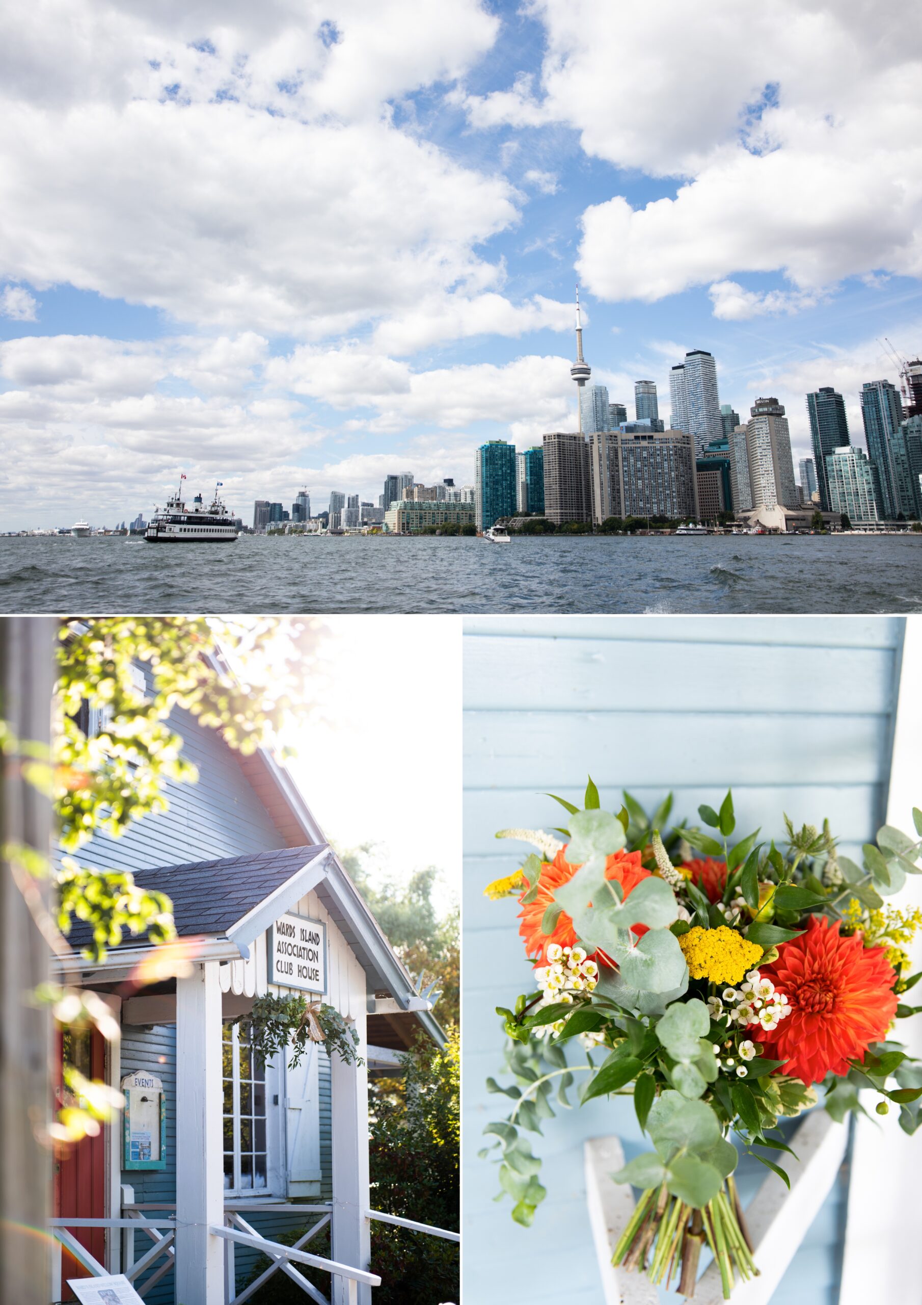 Toronto skyline, Lake ontario, Ward's Island Association Club House, Colourful Bridal bouquet