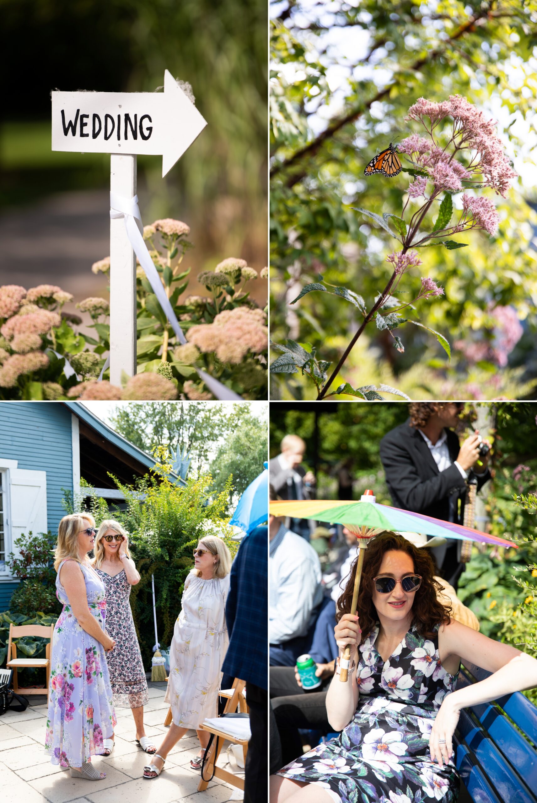 Wedding details, candid guests, monarch butterfly, rainbow parasol