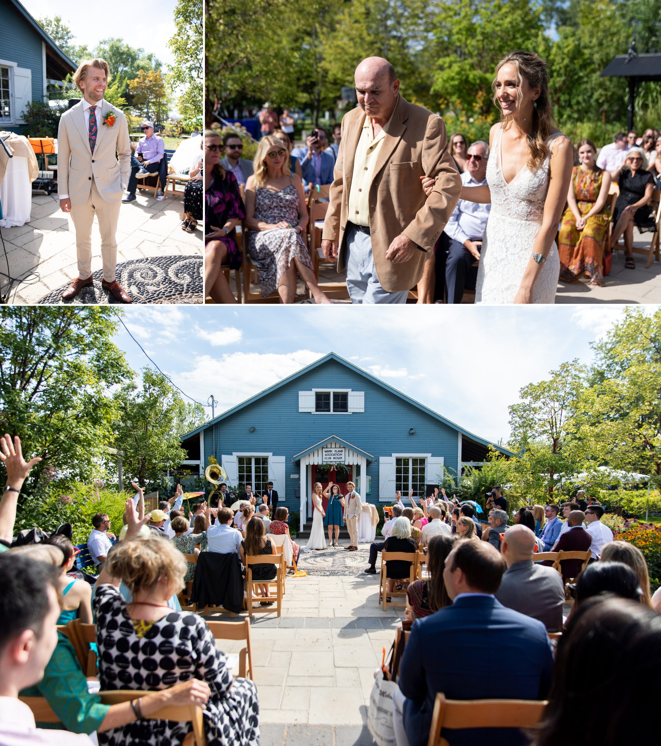 Wedding ceremony, bride walking down aisle with dad, wide ceremony view with guests