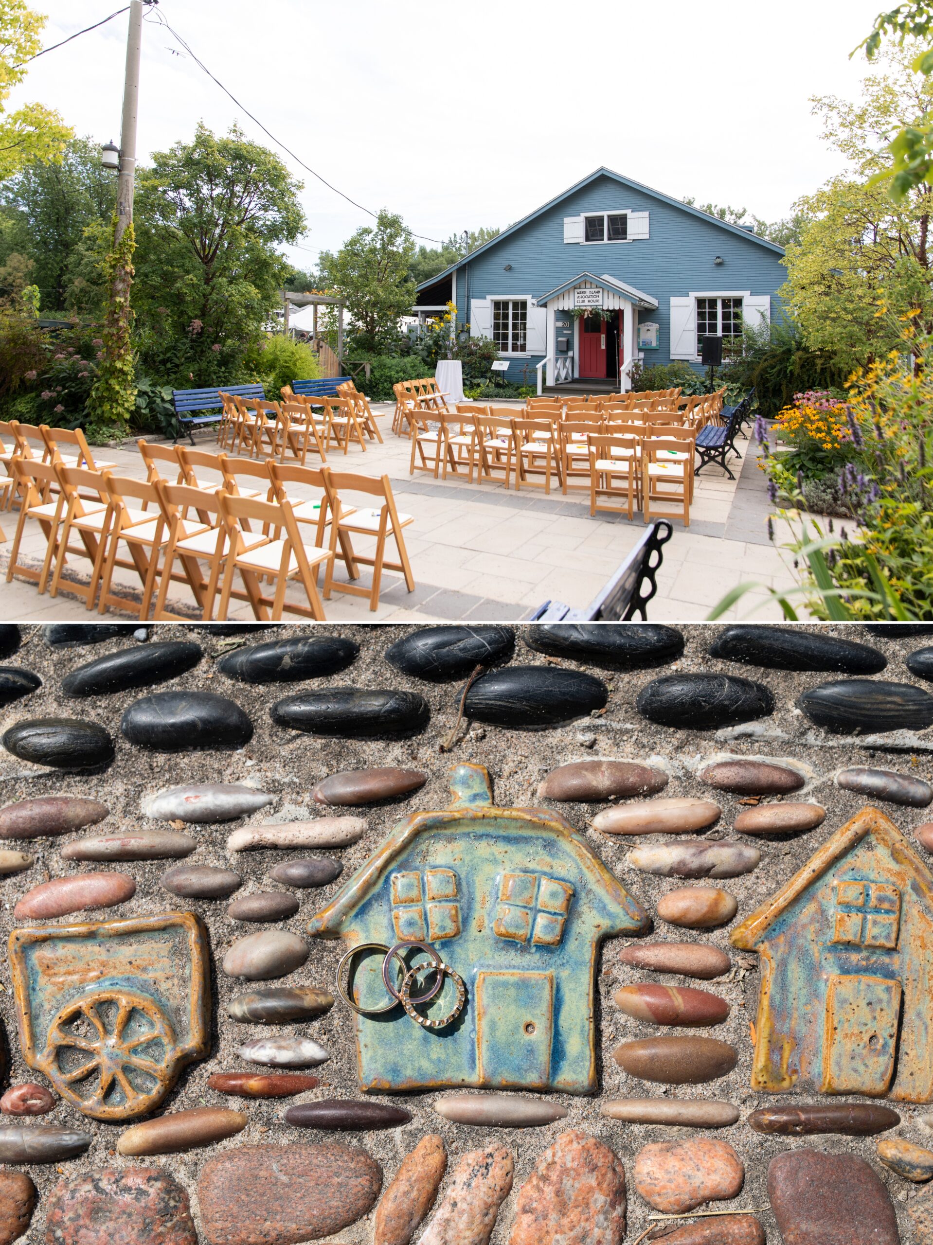 Wedding ceremony location, Ward's Island, Toronto, Wedding rings on pottery mosaic 