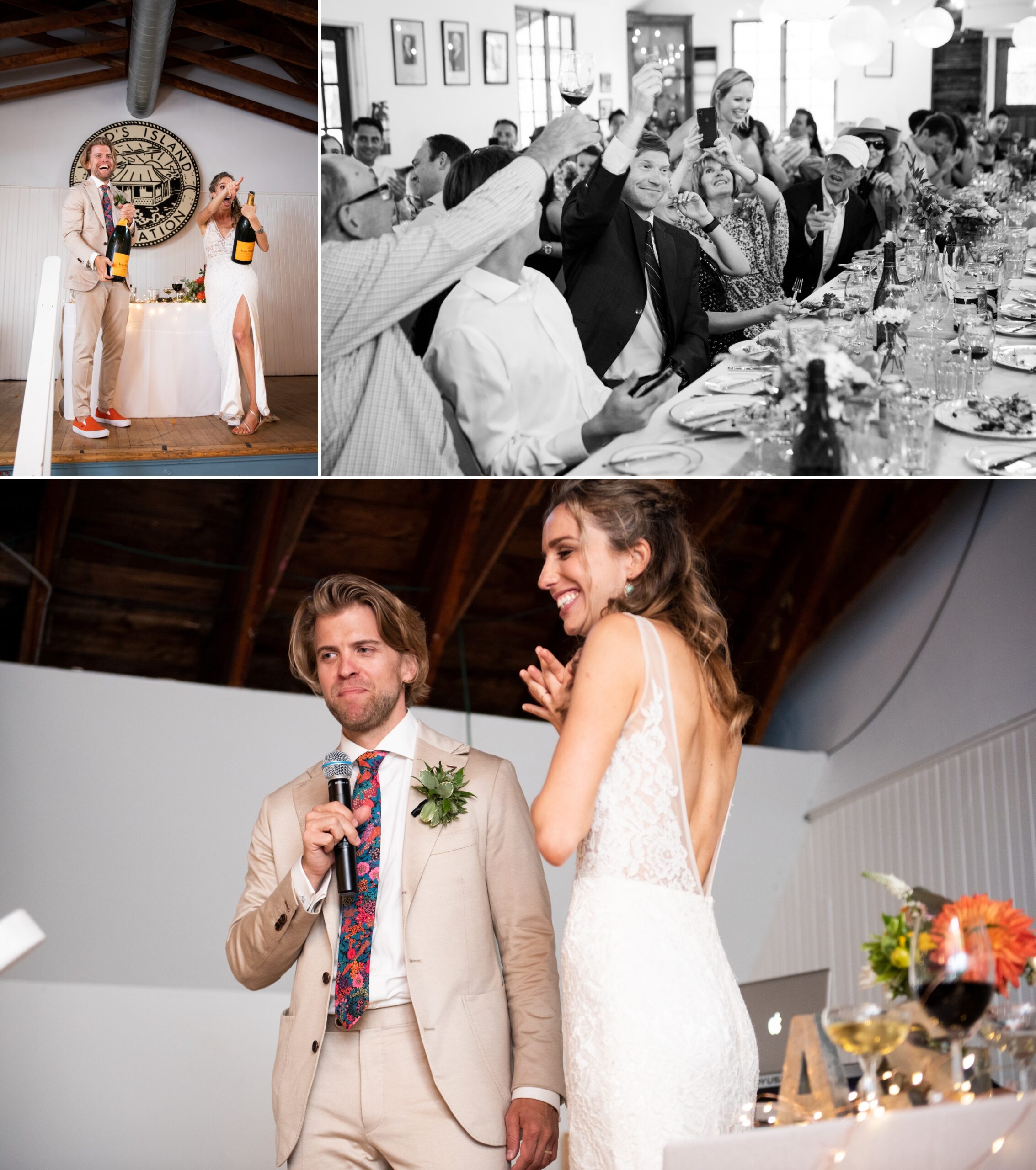 Wedding reception, Couple opens big champagne bottles, Guest catches cork, bride and grooms speech