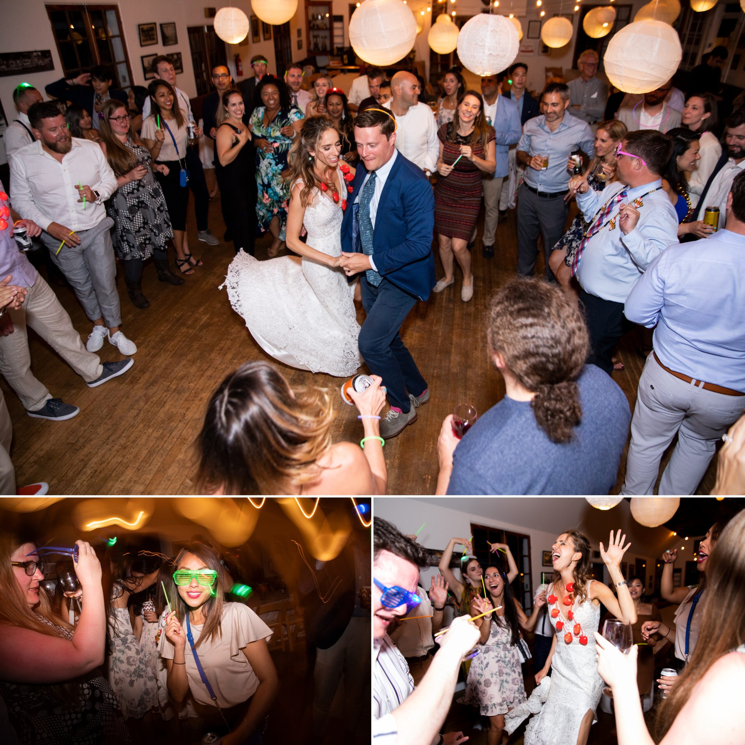 bride dances with guest during party, neon lights and glasses