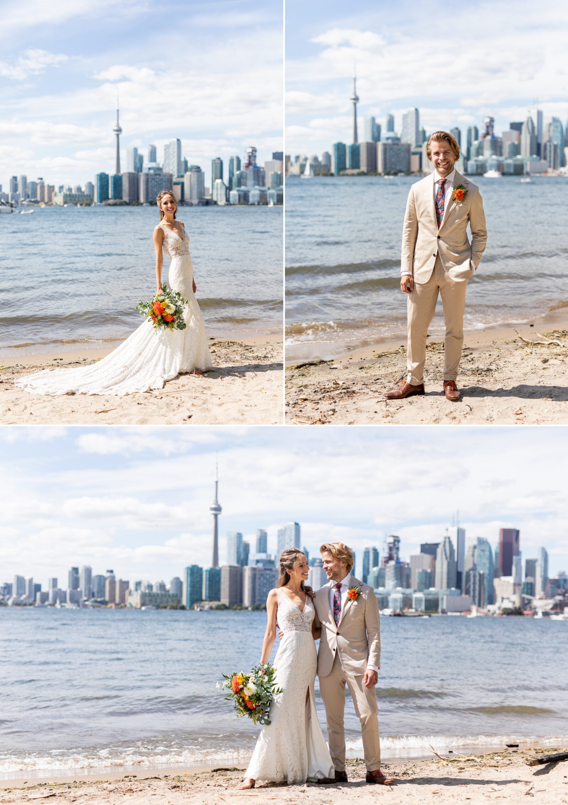 CN Tower and Toronto skyline on Lake Ontario beach with bride and groom