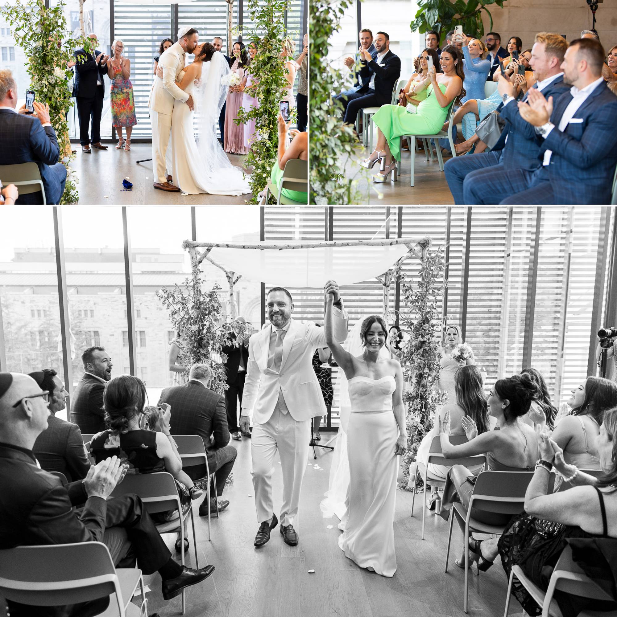 Celebration, Jenn and Vince’s wedding was a perfect mix of modern style and timeless charm, set against some of Toronto’s coolest spots.

Their day kicked off at the luxurious Park Hyatt Toronto, where they got ready for the big moment. Jenn’s suite, with its bold design, was a great backdrop for her stunning gown, while Vince’s look matched their chic vibe.

We started their portraits at the Royal Ontario Museum (ROM), where its striking architecture made a cool contrast to their classic outfits. We then headed to the Gardiner Museum, where the sleek design was a beautiful setting for more photos.

The ceremony took place under a gorgeous chuppah at the Gardiner Museum, blending tradition with a modern touch. The green and white florals perfectly matched the venue’s elegance, making the signing of the ketubah and the vows truly special.

The celebration really kicked up a notch when Jenn and Vince led their guests in dancing the hora. It was a fun, energetic highlight that added an extra layer of joy to their sophisticated day.

As a fine art photographer, I aimed to capture the heart of Jenn and Vince’s stylish celebration. From the Park Hyatt to the Gardiner Museum and the lively hora, every moment was framed to showcase their unique love and style.

Jenn and Vince, it was a pleasure to capture your amazing day. Your wedding was the perfect blend of modern chic and classic elegance. Congratulations!